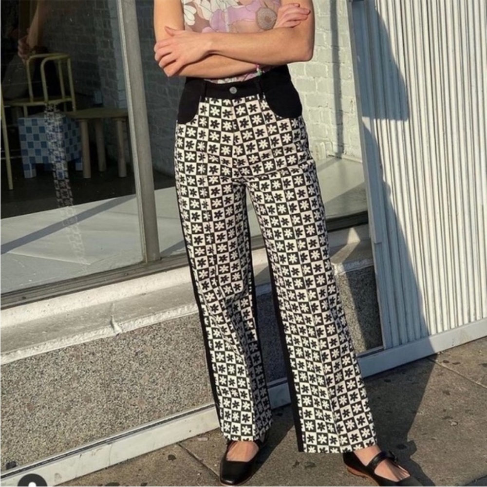 LISA SAYS GAH robyn wide leg high rise jeans black daisy check size 30 - Picture 2 of 13